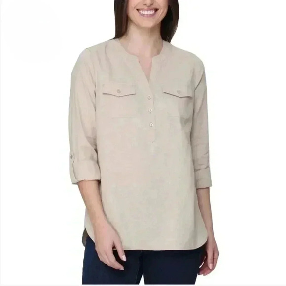 NWT Tahari Long Sleeved Linen Blouse Roll  Sleeve Tan Large Popover Style Top - Picture 1 of 16